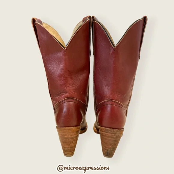1990’s Frye Vintage Leather Pull On Red Cognac Heeled Cowboy Western Cute Bootie - Picture 8 of 13